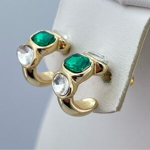 Gold Tone Emerald Green & Clear Crystal Hoop Earrings